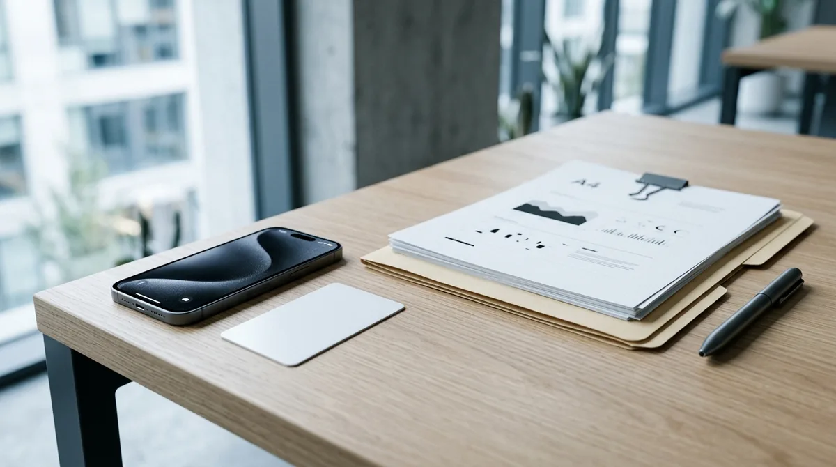 A phone, an ID card and documents on a tidy desk